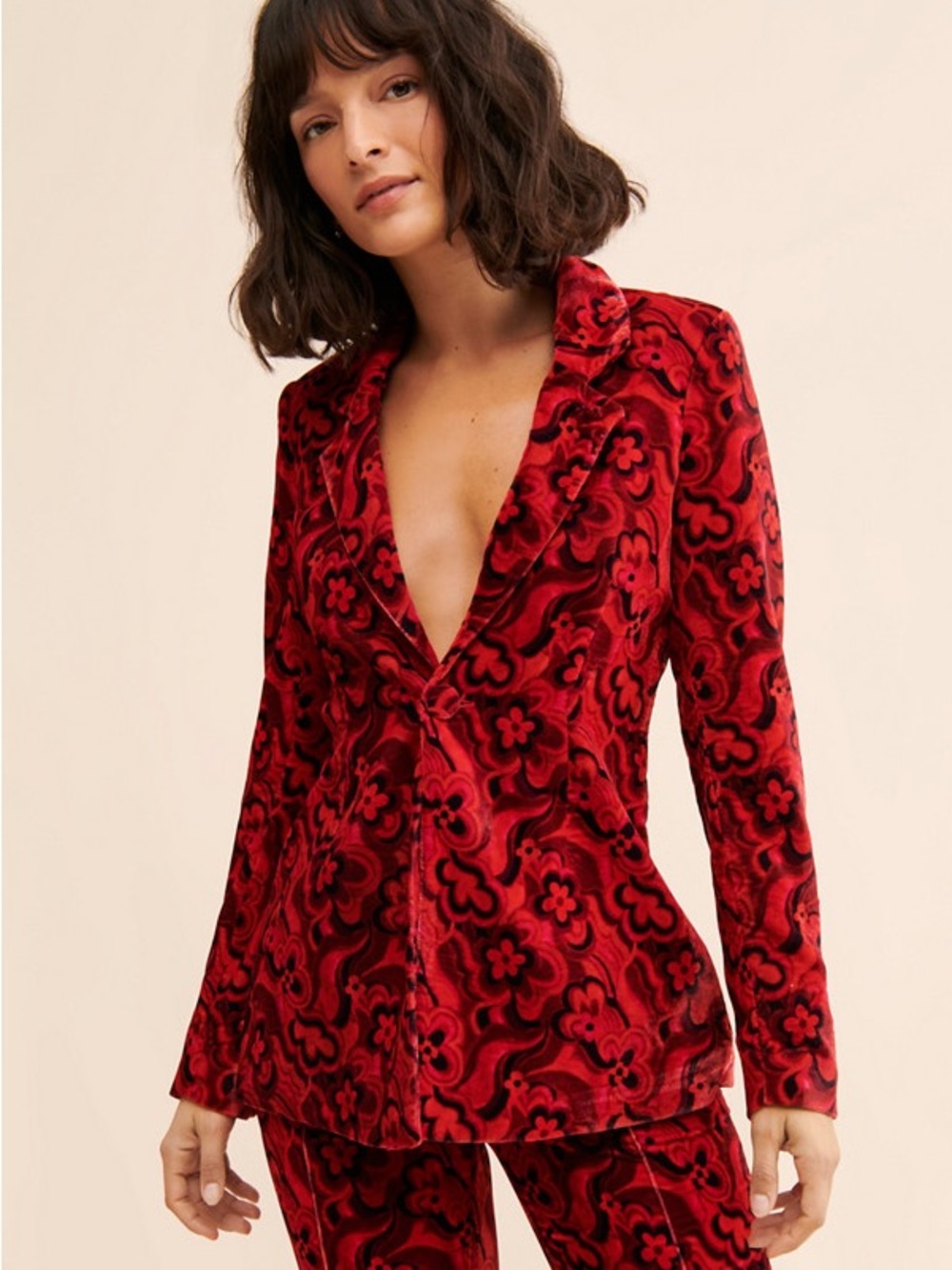 For Love And Lemons Penny Red Floral Velvet Blazer Jacket